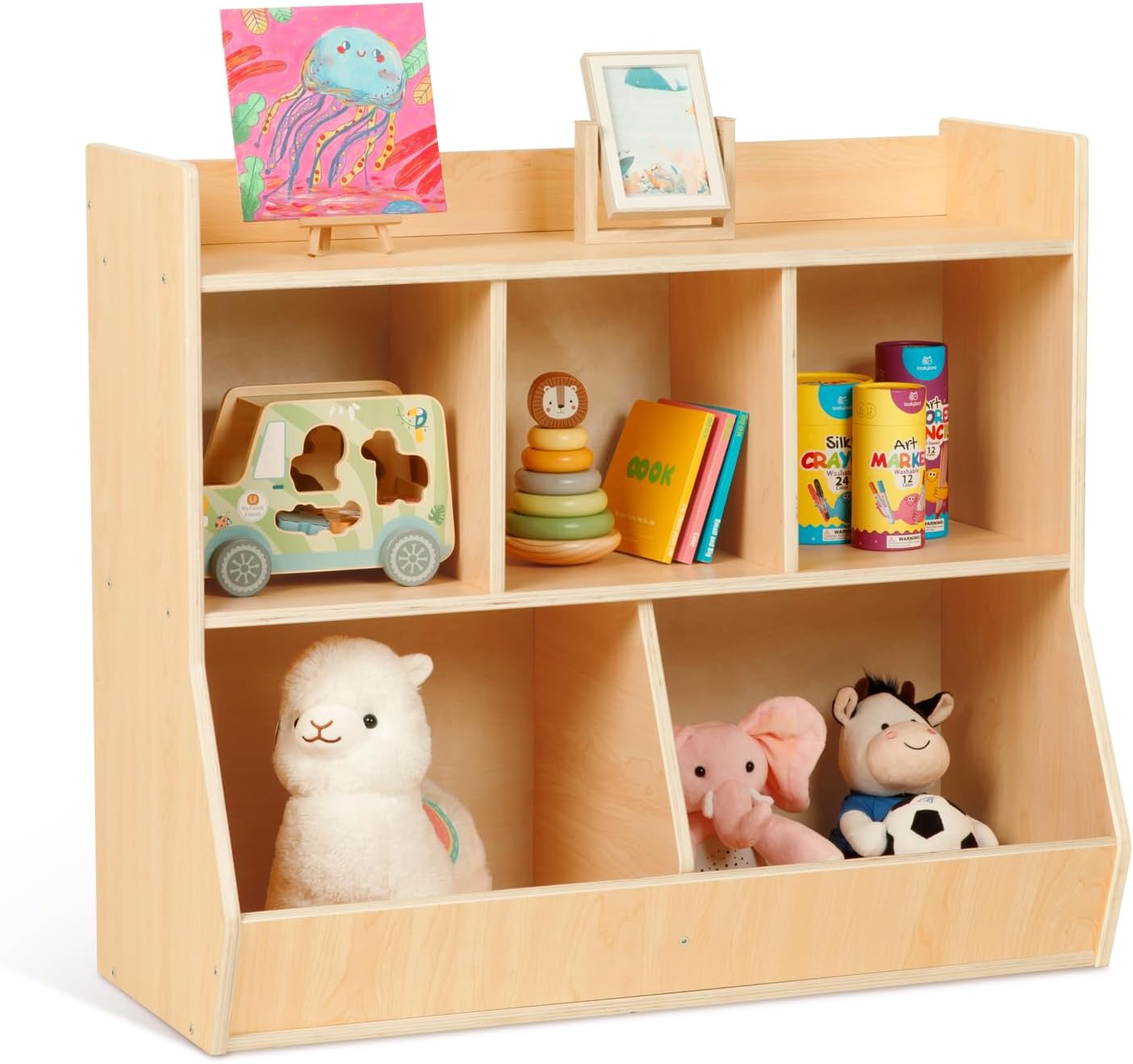 Montessori Shelf Toy - 5-Cubby Wooden Bookshelf & Toy Storage,