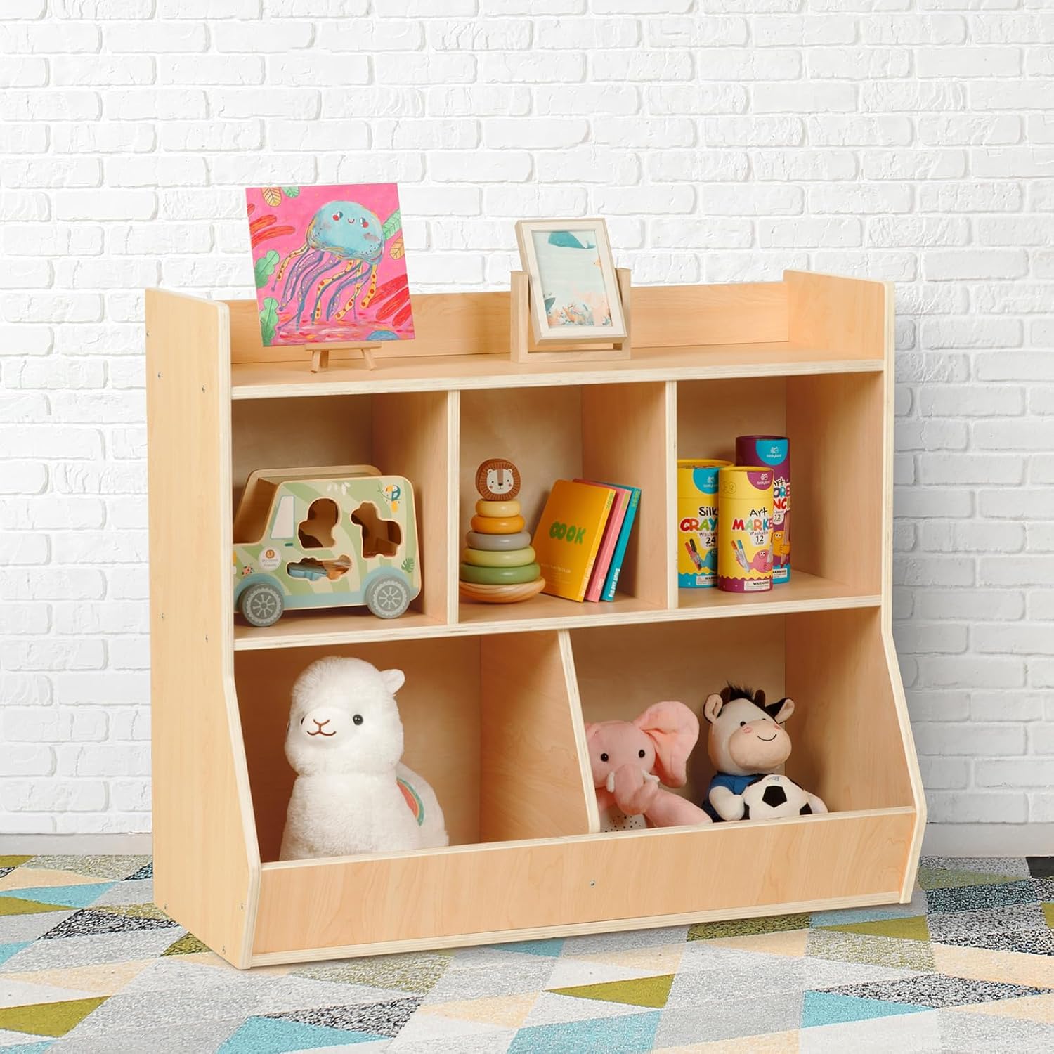 5-Cubby Wooden Bookshelf & Toy - Montessori Shelf Toy ulasan dan harga