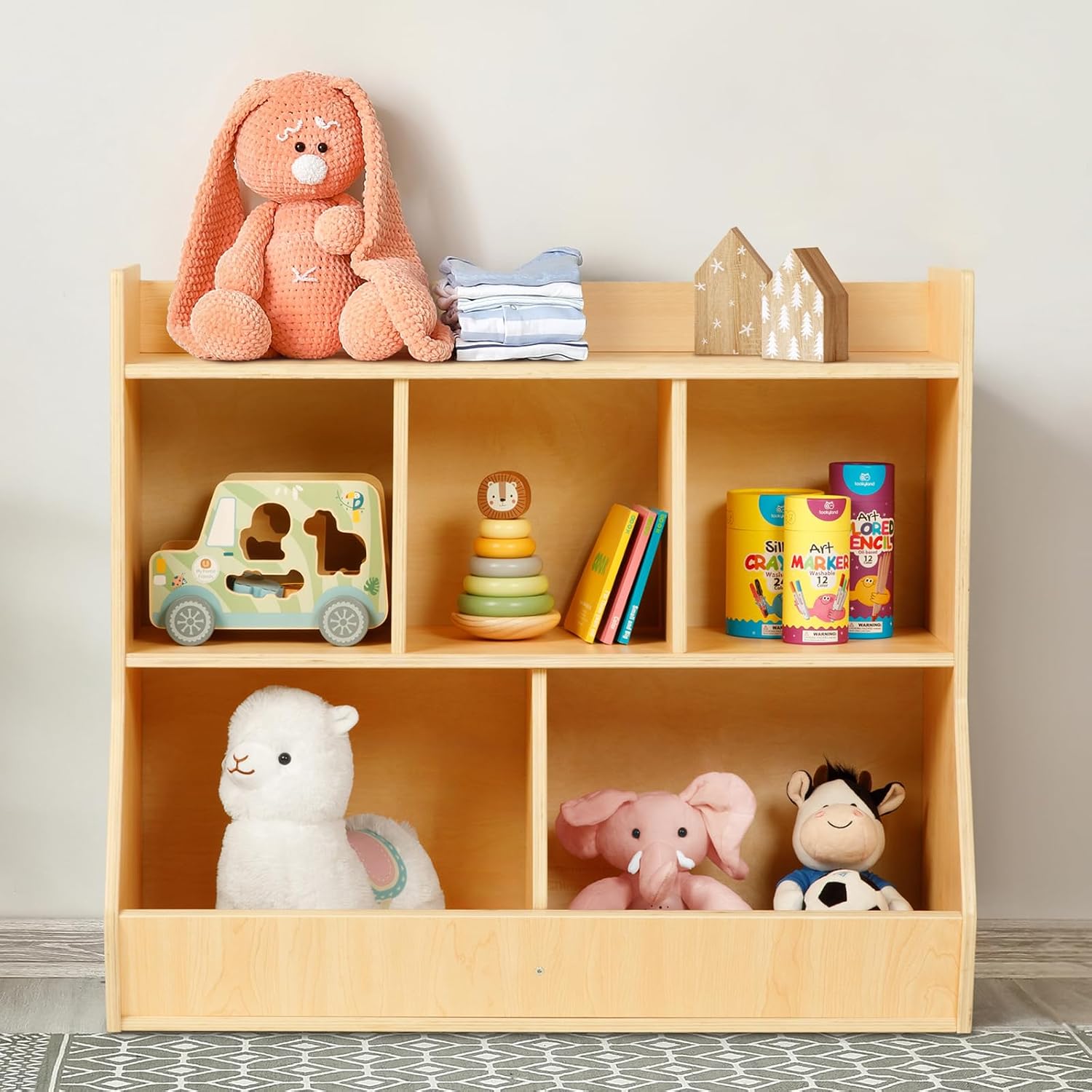 5-Cubby Wooden Bookshelf & Toy - Montessori Shelf Toy ulasan dan harga